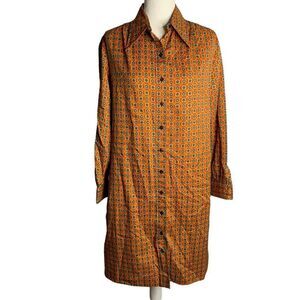 Vintage 70s Long Sleeve Shift Dress M Red Geometric Button Up Point Collar Shirt